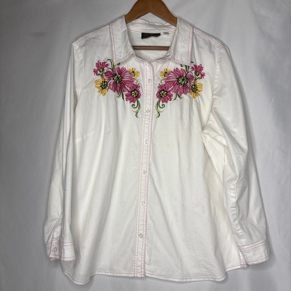 Bob Mackie Wearable Art Floral Embroidered Shirt 1X White Cottagecore Boho Y2K